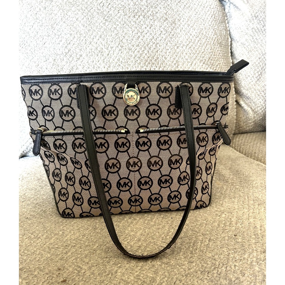 Michael Kors Handbag Purse Kempton Medium 38F5GKPT2Q MK Black Tan Leather Tote